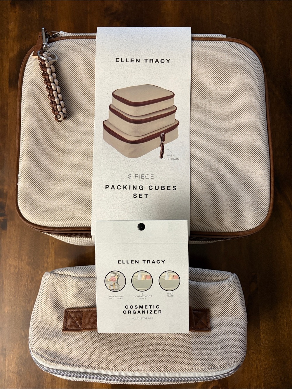 Ellen Tracy Beige and Brown 3 Piece Packing Cubes with Cosmetic Organizer NWT